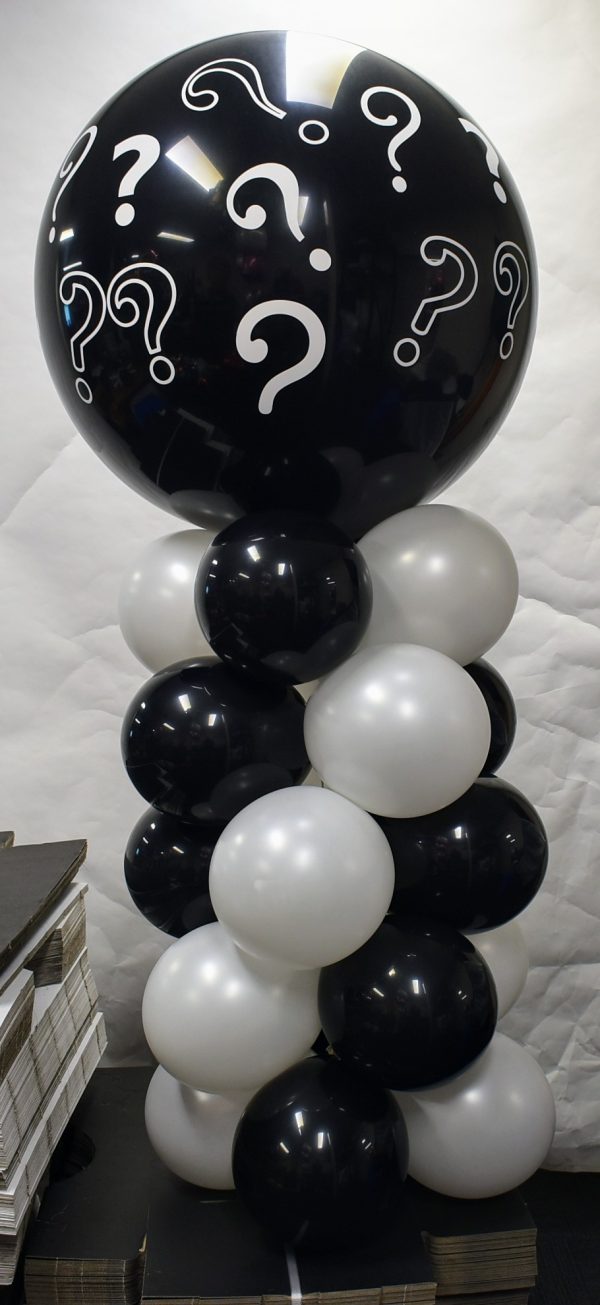 a column of 20 balloons with a large black balloon on top. When poped small balloons will come flying out iin either blue or pink to reveal the gender.